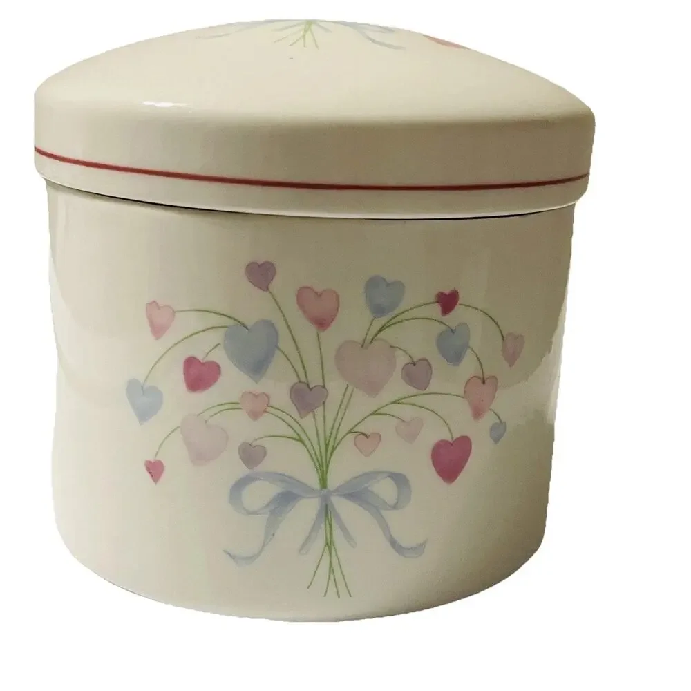 Vintage FTDA Vanity Jar Bouquet Of Hearts Porcelain Trinket Canister With Lid